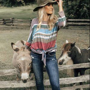 Shop Impressions Size Small Striped Shift Tie Top in Lilac Gray Green Red